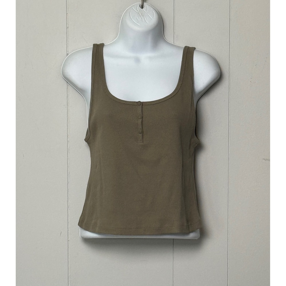NWT Uniqlo Women's Olive Green Cotton Ribbed Cropped Henley Tank Top Size XL